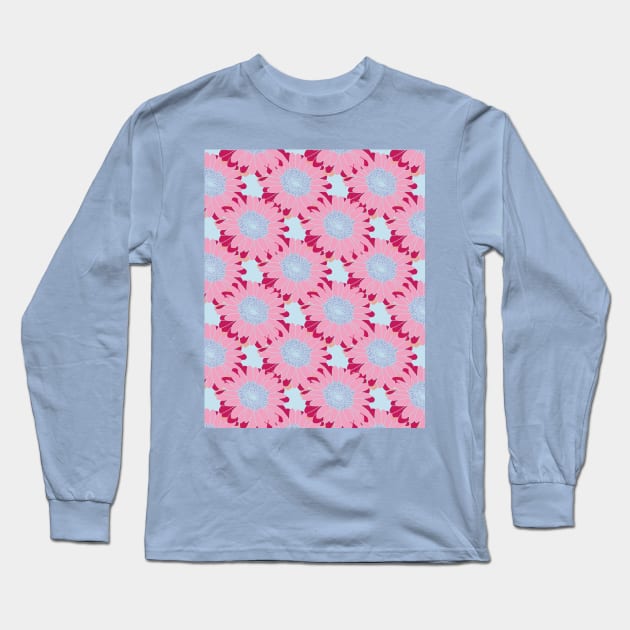 Pink and Blue Daisy Floral Pattern Long Sleeve T-Shirt by ellenhenryart